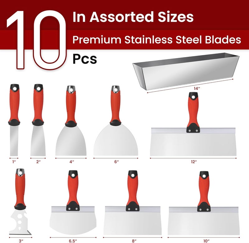 SUMED 10Pcs Drywall Tool Kit, Stainless Steel Putty Knife Set with 1"-6" Knives, 8"-12" Taping Knives, 9-in-1 Painter Scraper, 12" Mud Pan & 6" Scoop for Drywall Taping, Finishing, and Patching - Image 2